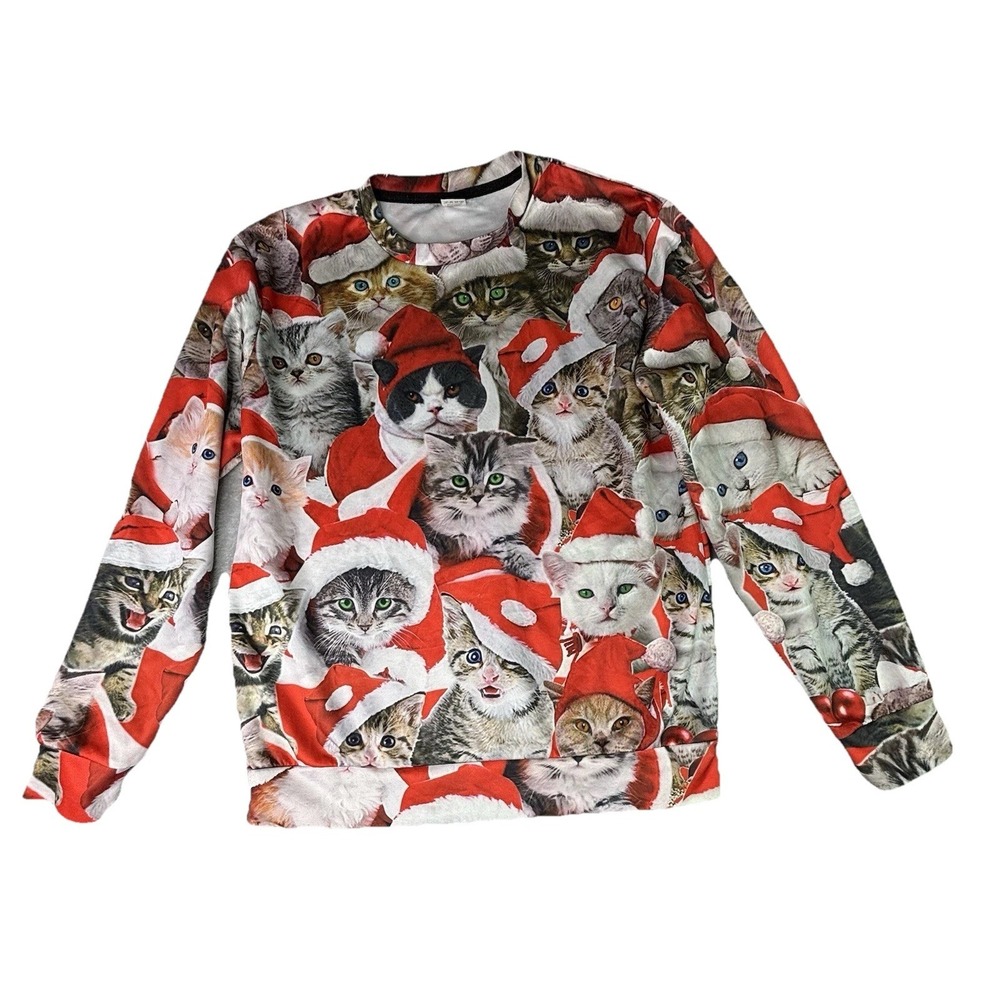 Adult Unisex MEDIUM Funny Cute Christmas Holiday Kitty Cat Santa Hat Sweatshirt